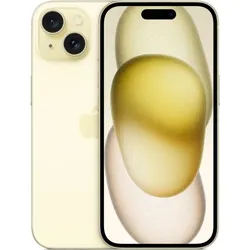 Yellow iPhone with dual rear camera and front display shown side by side