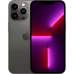 Dark gray iPhone with triple rear camera and front display showing abstract purple red wallpaper