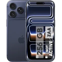 Blue iPhone with triple rear camera and front display showing 256GB not active label