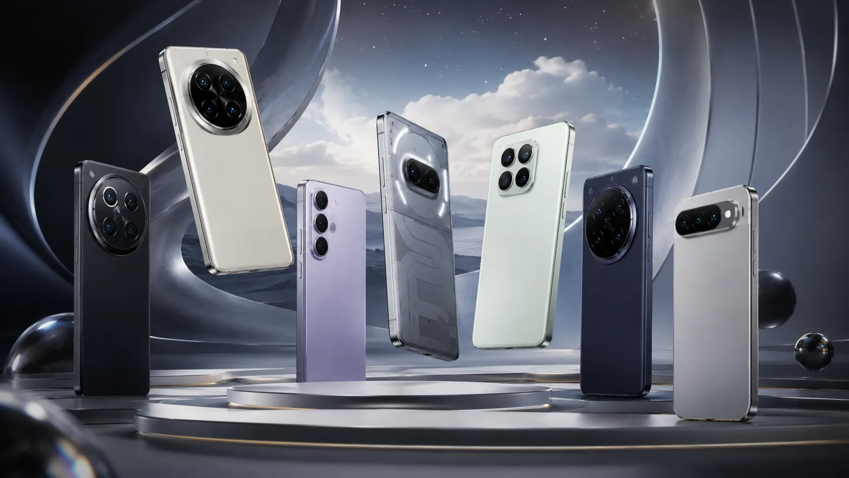 Six smartphones displayed on a futuristic metallic stage.
