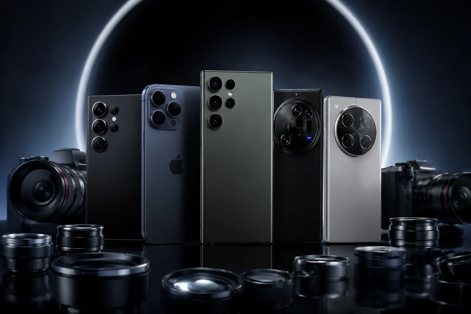 Five smartphones displayed among camera lenses with dramatic circular lighting.