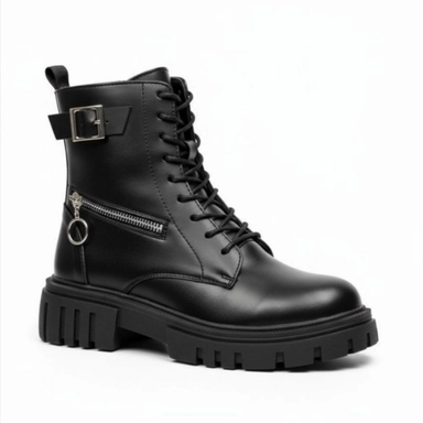 black combat boots with lace-up front, buckle strap, and chunky sole for edgy everyday wear