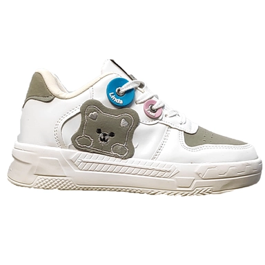 white kids sneakers with bear patch and colorful lace charms for casual everyday wear