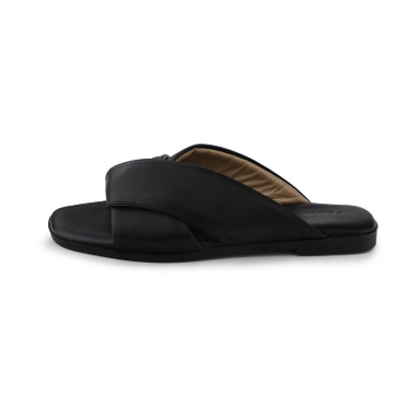 black leather slide sandals with wide strap and minimalist design for casual wear