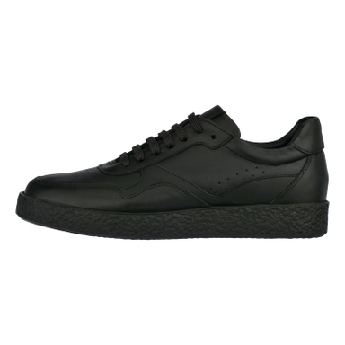 black minimalist leather sneakers with lace-up design and textured sole for everyday casual wear