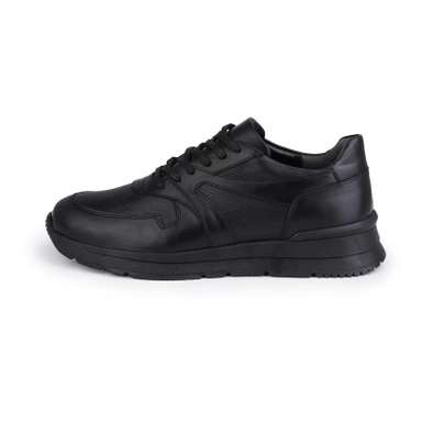 black leather casual sneakers with lace-up design and cushioned sole for everyday comfort