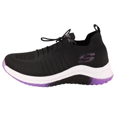 Black Skechers knit sneaker with purple sole and lace-up design
