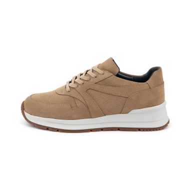 Beige suede casual sneaker with lace-up design and white sole