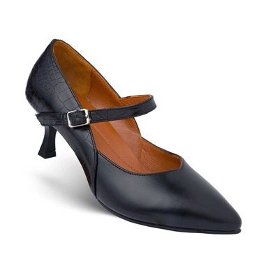 Black Mary Jane heel with strap, pointed toe and textured leather