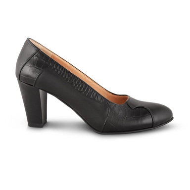 black leather high heel pumps with textured detail and block heel for formal wear