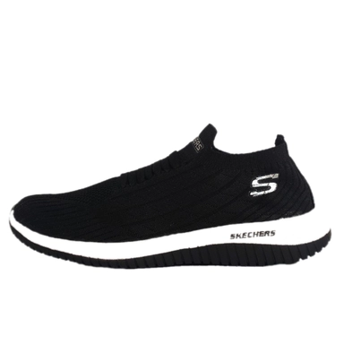 Black Skechers slip-on sneaker with white sole and logo