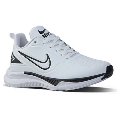 White Nike running sneaker with black swoosh and cushioned sole