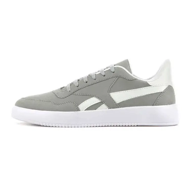 Light grey low-top sneaker with white stripe and rubber sole