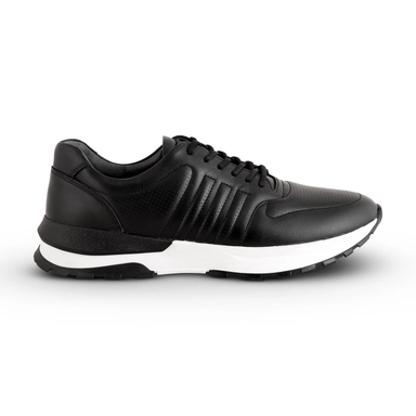 Black athletic sneaker with cushioned sole and lace-up design