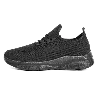 Black knit slip-on running sneaker with cushioned sole
