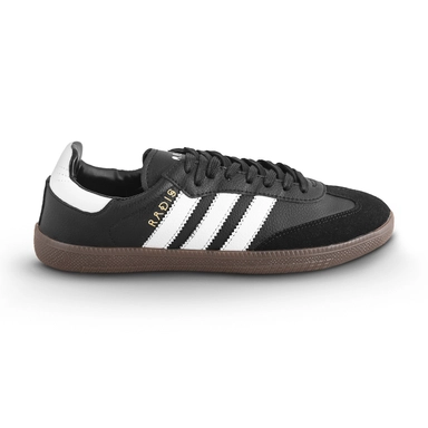 Black Adidas-style sneaker with white stripes and gum sole