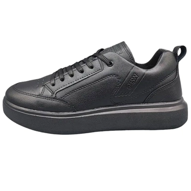 Black leather low-top sneaker with thick sole and lace-up design