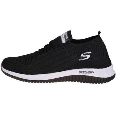Black Skechers slip-on knit sneaker with white sole and logo