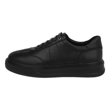 all black minimalist sneakers with lace-up design and thick sole for everyday wear
