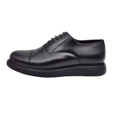 black leather derby shoes with cap toe and lace-up design for formal wear