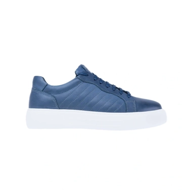 blue leather sneakers with lace-up design and white platform sole for casual everyday wear