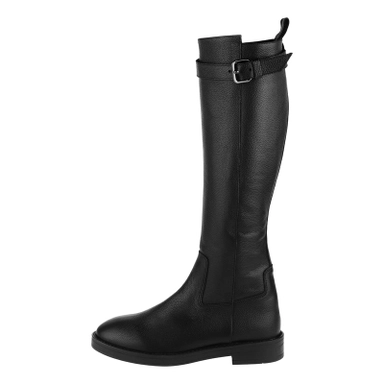 black leather knee-high boots with buckle strap and flat sole for stylish everyday wear