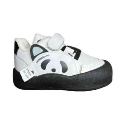 white and black kids sneakers with cute panda design and velcro strap for everyday wear