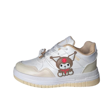 white kids sneakers with cartoon character design and lace-up closure for casual everyday wear