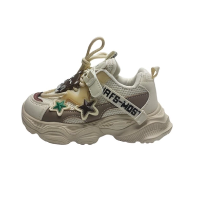 beige chunky kids sneakers with star decorations and velcro strap for trendy everyday wear