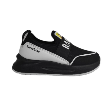 black and white slip-on sneakers with elastic strap and cushioned sole for everyday wear