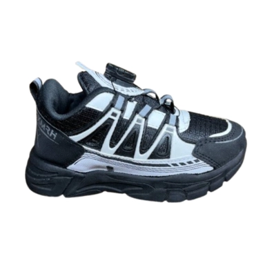 black and white kids sneakers with sporty design and velcro strap for everyday wear