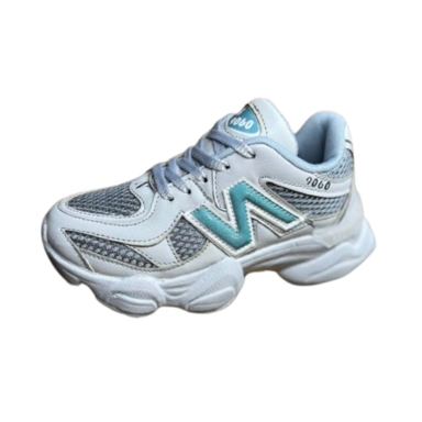 white and blue chunky sneakers with mesh panels and cushioned sole for sporty everyday wear