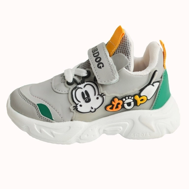 white kids sneakers with cartoon dog design and velcro strap for fun everyday wear