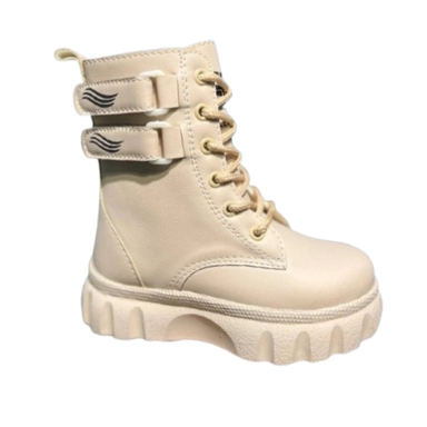 beige chunky combat boots with lace-up front and buckle straps for trendy everyday wear