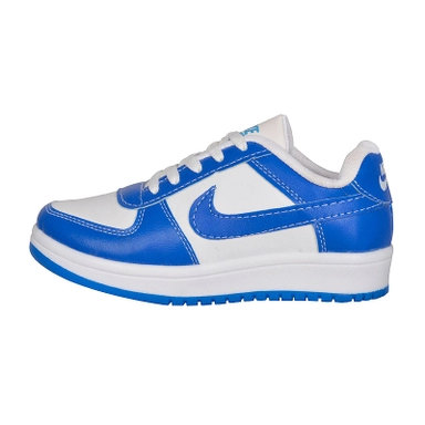 blue and white low top sneakers with lace-up design and sporty casual style