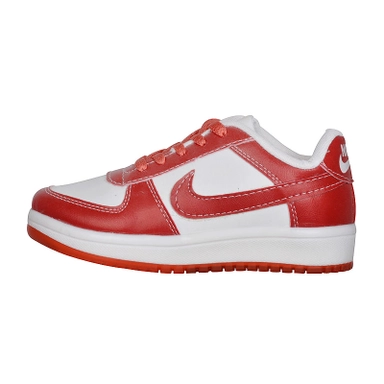 red and white low top sneakers with lace-up design and classic sporty style