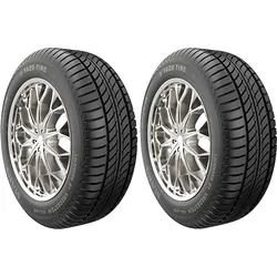 Pair of all-season car tires with silver alloy wheels