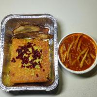 ته چین زعفرانی با خورشت قیمه سیب