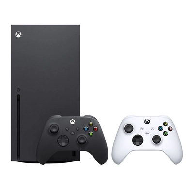 Black Xbox console with black and white controllers side by side.
