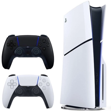 PlayStation 5 with black and white DualSense controllers.