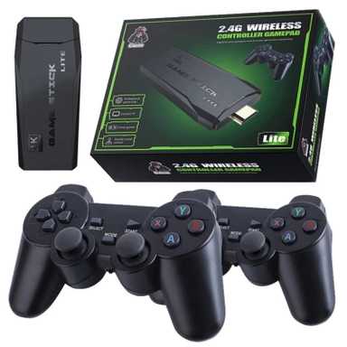 Game Stick Lite with two wireless game controllers and box.