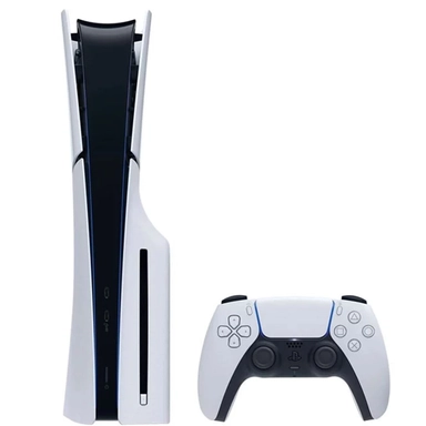 Vertical PlayStation 5 console with white DualSense controller.