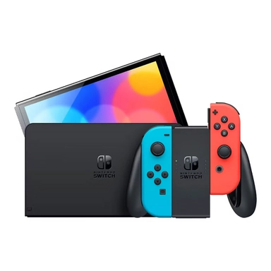 Nintendo Switch console with neon red and blue Joy-Con controllers.