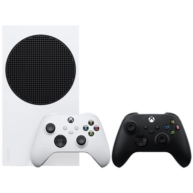 Xbox Series S console with white and black wireless controllers.