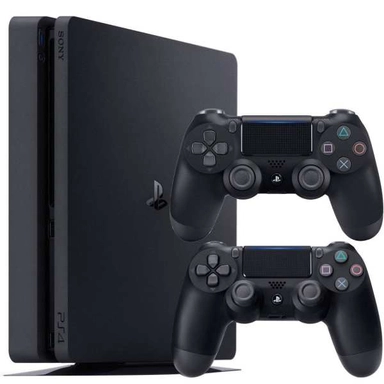 PlayStation 4 Slim console with two black DualShock controllers.