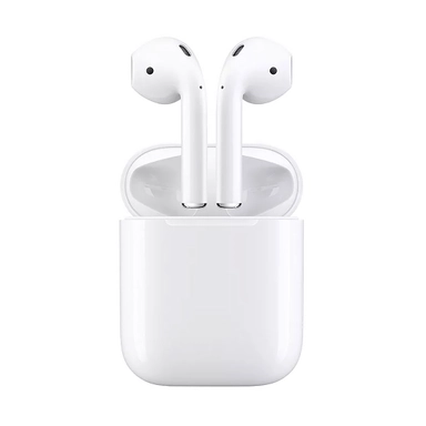 Apple AirPods with charging case, standing upright, front view.