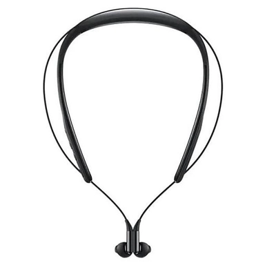 Samsung wireless neckband earbuds in dark blue color, front view.