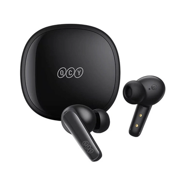 QCY black wireless earbuds with compact charging case, front view.