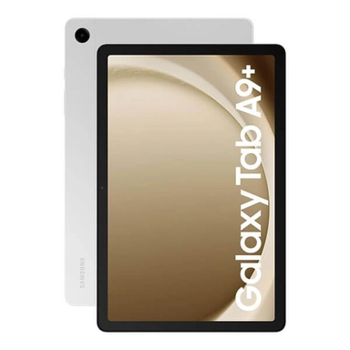 Samsung Galaxy Tab A9 Plus tablet in white with large display.