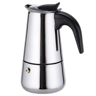 Stainless steel stovetop espresso maker with black handle.